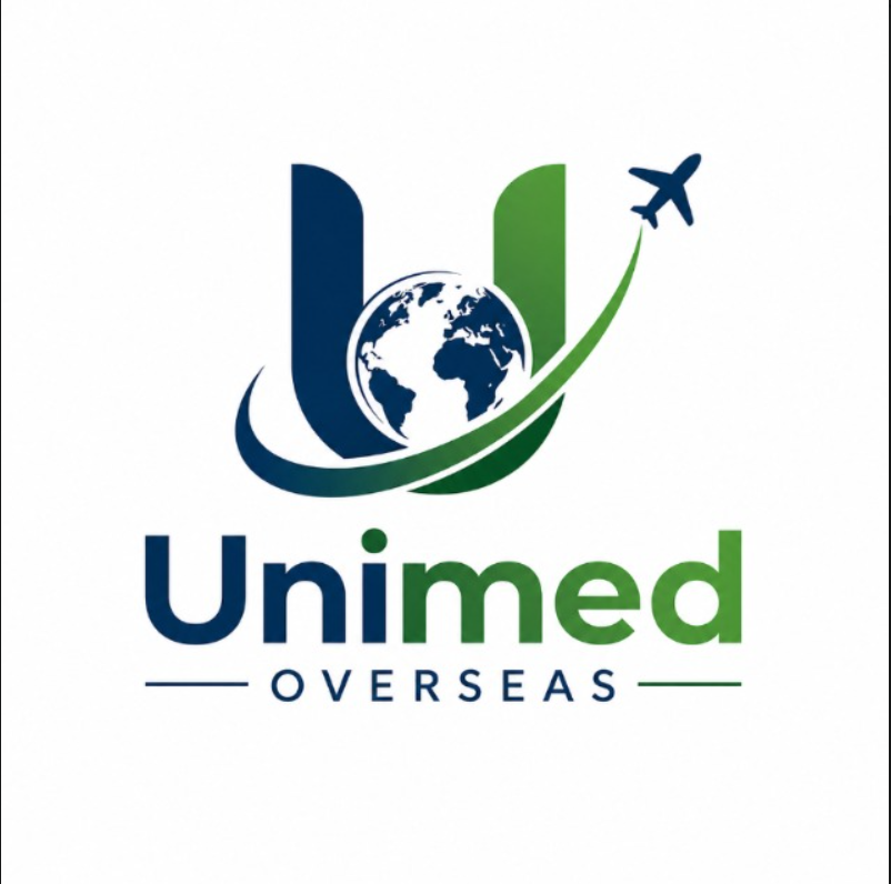 Unimed Overseas logo featuring a blue and green stylized U with a globe and an airplane